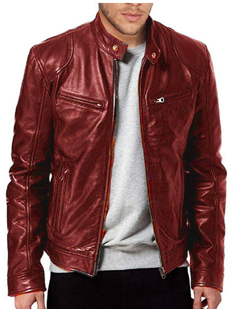 Gentleman's Warm Zipper Cardigan Pocket Decorated Pu Leather Coat - globaltradeleader