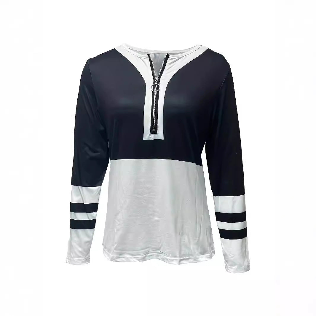 Women's V-collar Contrast Color Striped Loose Zip Long-sleeved T-shirt - globaltradeleader
