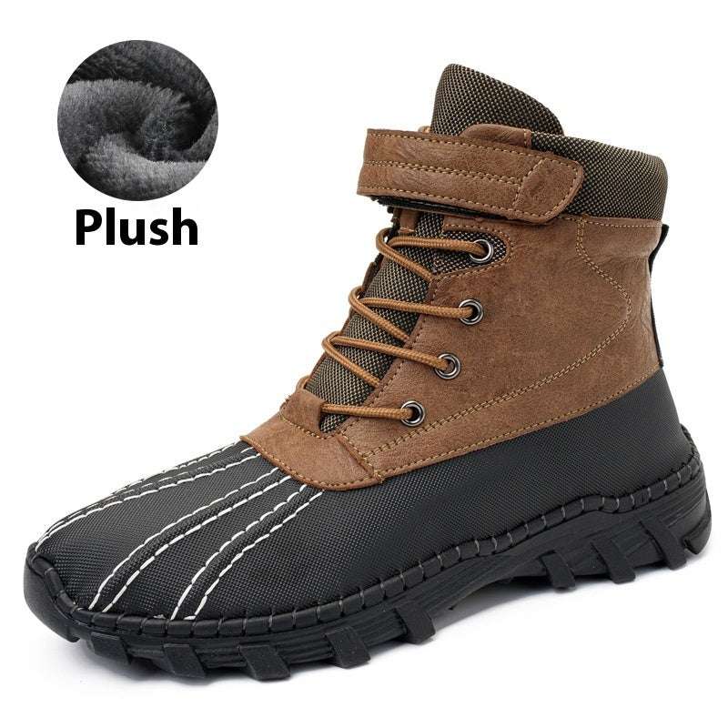 Winter Fleece Lace-up Snow Boots For Men Women Waterproof And Anti-slip Outdoor Work Boot Fashion Warm Mid-tube Cotton Shoes Men - globaltradeleader