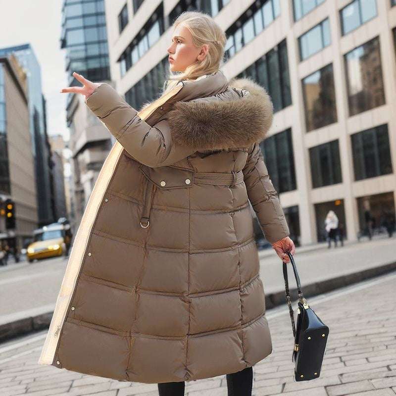 Winter Slim Long Jacket With Fur Hood And Belt Fashion Solid Hooded Coat Warm Clothing For Women - globaltradeleader