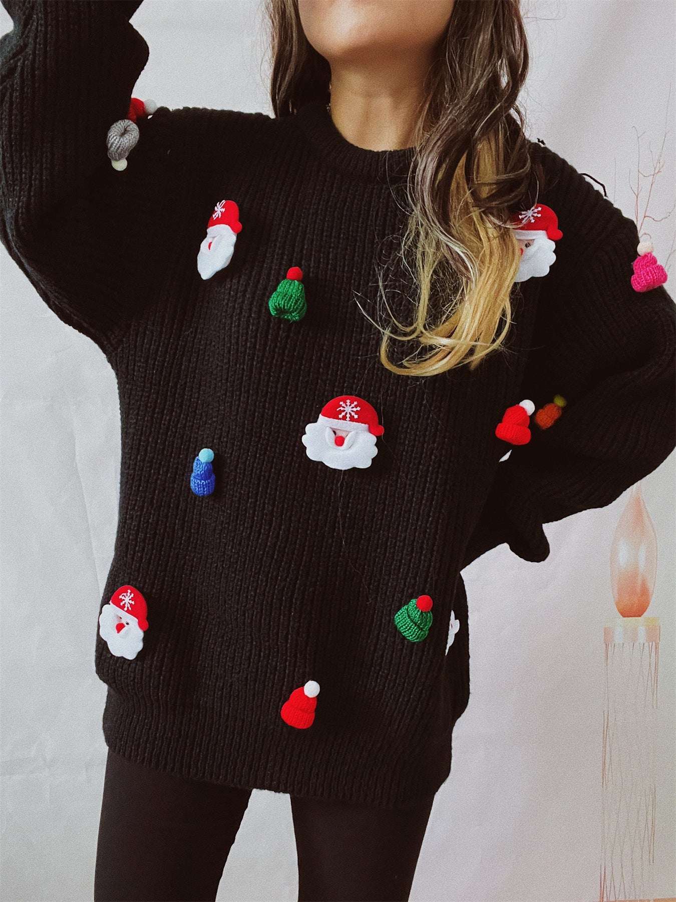Women's Cute Fashion Santa Claus Three-dimensional Decoration Round Neck Long Sleeve Sweater - globaltradeleader