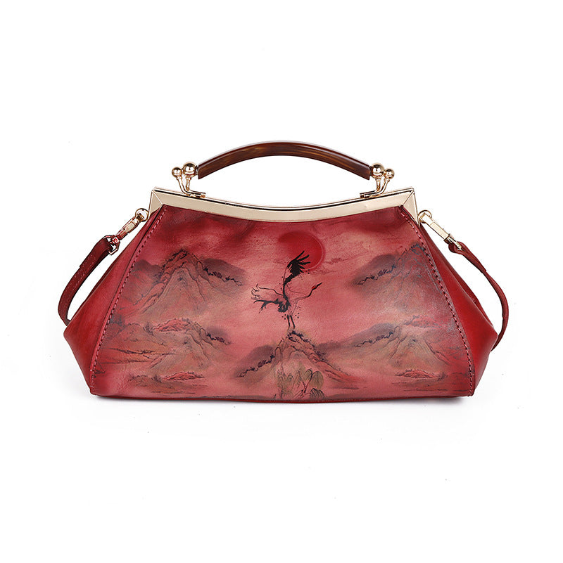 Female bag cheongsam cowhide embossed red sun crane hand rub color clip bag