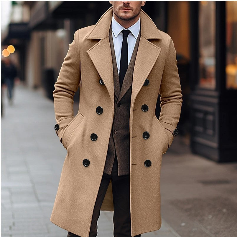 Fall Winter Men Woolen Coat Double Breasted Long - globaltradeleader