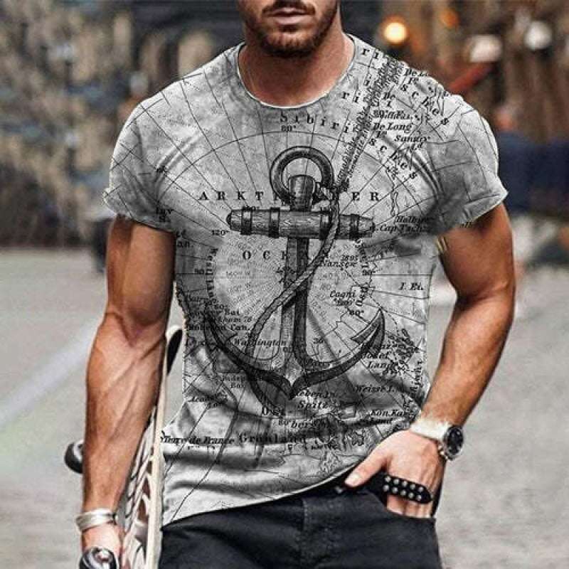 Men's Short-sleeved Summer T-shirt Men's 3D Boat Anchor Pattern Couple's Short-sleeved