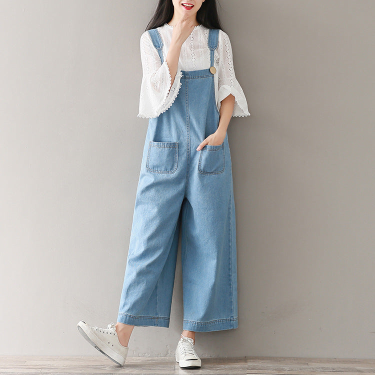 Women's Loose Large Size Cropped Pants Wide Leg Denim Brace Trousers