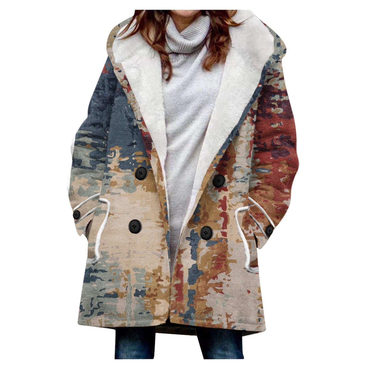 Women's Windbreaker Winter Thickened Imitation Lamb Stitching Floral Hooded - globaltradeleader