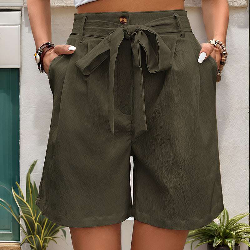 Women's Simple Casual Lace Up Elastic Waist Solid Color Shorts - globaltradeleader