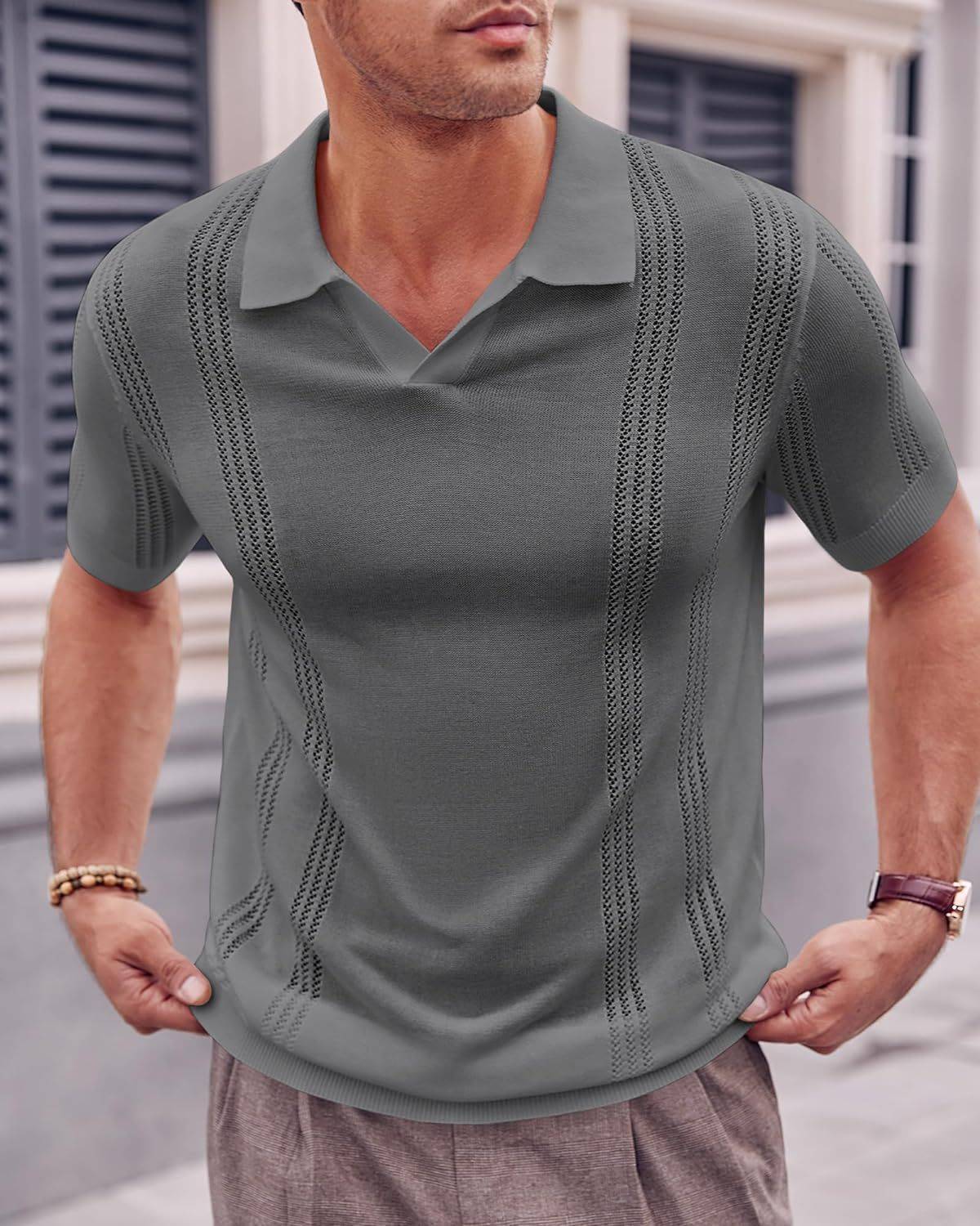 European And American Fashion Men's Knitted Polo Shirt Short Sleeve V-neck Hollow - globaltradeleader