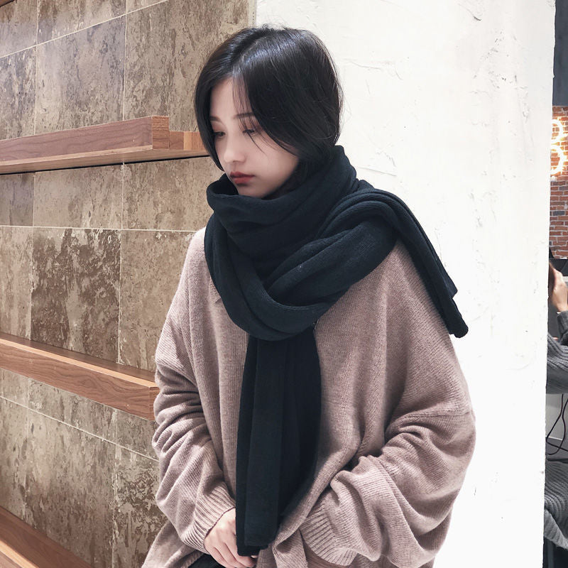 Pure Color Knitted Wool Net Red Scarf Women Autumn And Winter Thicken Warm