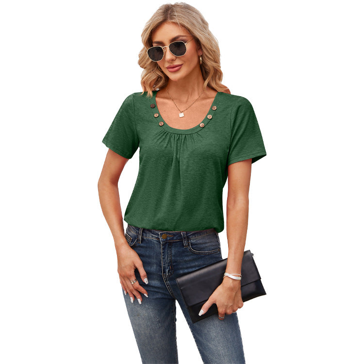 Women's Short-sleeved T-shirt Summer Button Square Collar Pleated Design Solid Color Loose T-shirt Womens Clothing - globaltradeleader