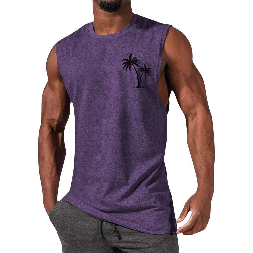Coconut Tree Embroidery Vest Summer Beach Tank Tops Workout Muscle Men Sports Fitness T-shirt - globaltradeleader