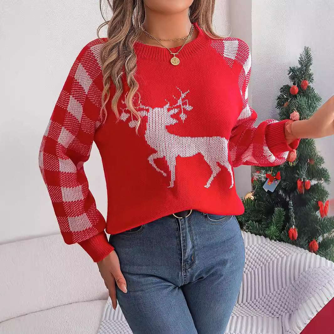 Christmas Women's Casual Plaid Deer Long Sleeve Pullover Sweater - globaltradeleader