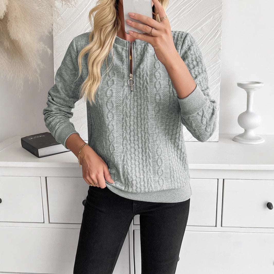 Women's Loose Casual Pullover Half Zipper Long Sleeve Solid Color Texture Round Neck Hoodie For Women - globaltradeleader