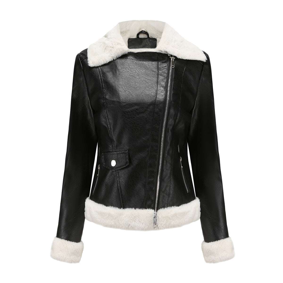 Fleece Leather Jacket Female European Code Warm Long Sleeves Turn-down Collar Coat - globaltradeleader