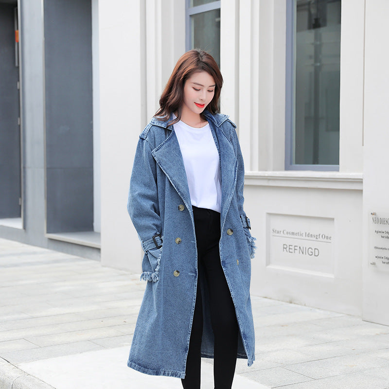 Loose Mid-length Coat With Belt Double Breasted Denim Women's Windbreaker - globaltradeleader