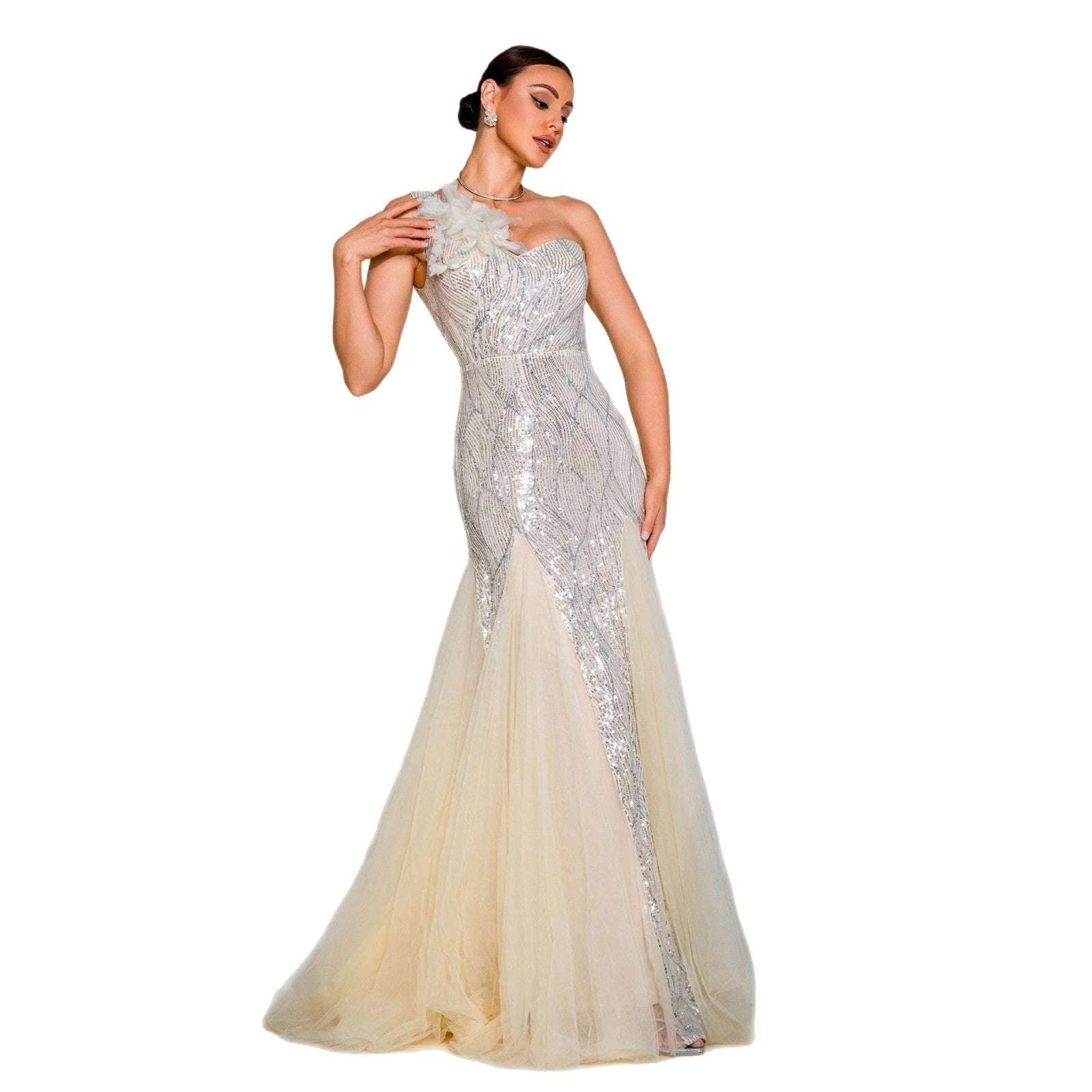 One-shoulder Diagonal Collar Slim-fit Sheath Sequined Slit Evening Dress - globaltradeleader