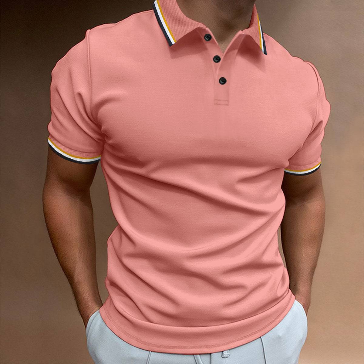 Men's Slim Polo Shirt Rib Striped T-shirt Top - globaltradeleader