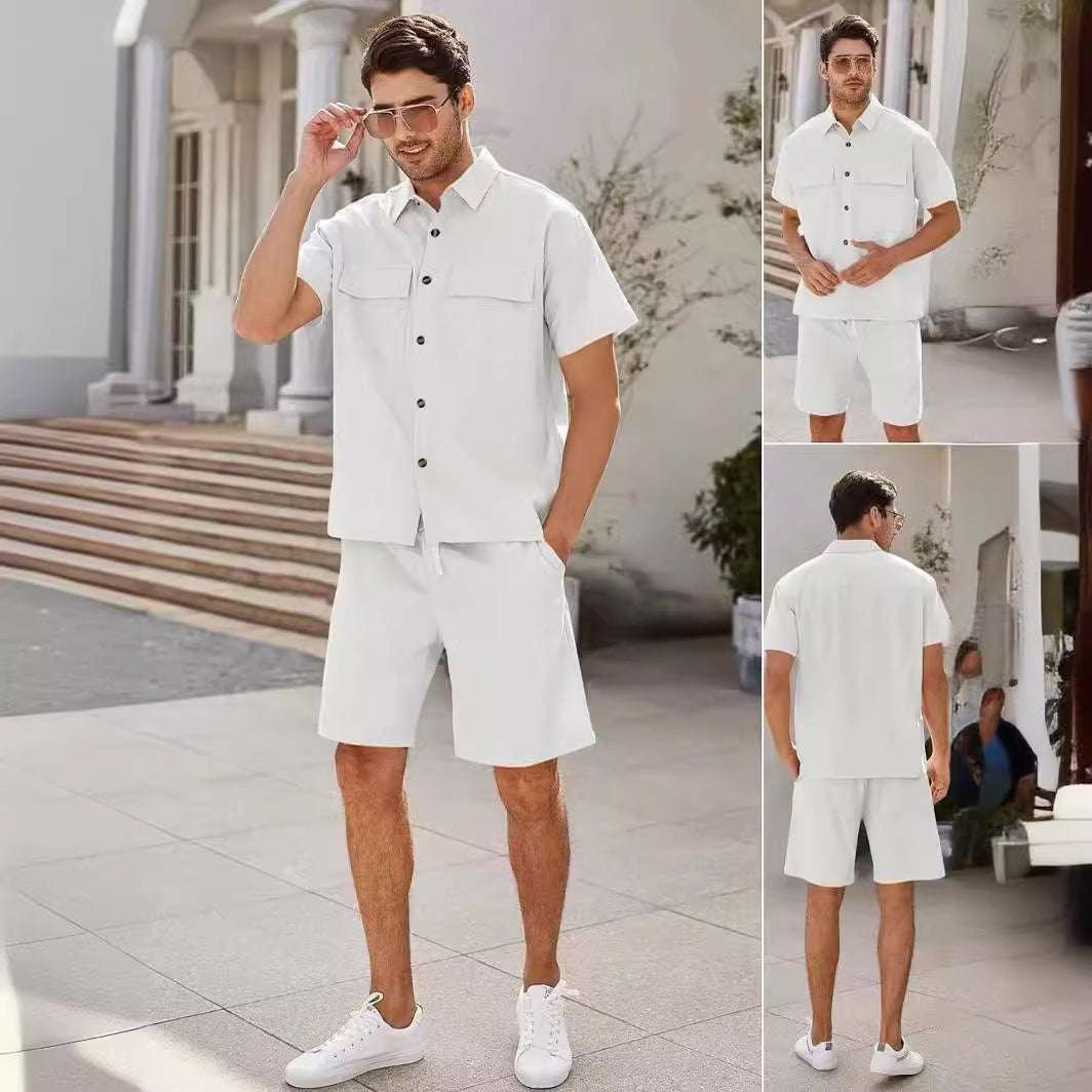 Summer Suits Men Short Sleeve Lapel Pockets Shirt And Drawstring Shorts Sports Fashion Leisure Men's Clothing - globaltradeleader