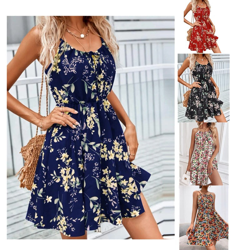 Floral Print Suspender Dress With Elastic Waist Design Fashion Summer Short Dresses Womens Clothing - globaltradeleader