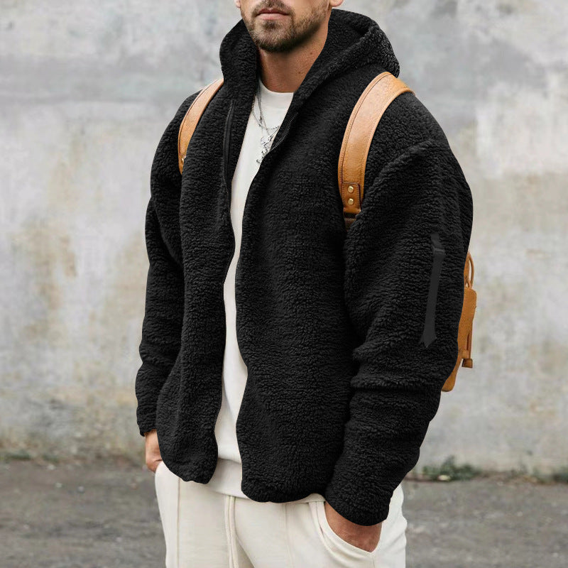 Plush Hooded Jacket Men's Autumn And Winter Fleece Double-sided Wear Warm Coat With Zipper Loose Casual Jacket Outdoor Clothing - globaltradeleader