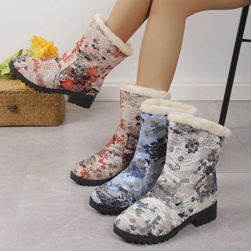 Fashion Flowers Print Ankle Boots With Plush Winter Warm Platform Shoes Women Lightweight Plus Velvet Ankle Boots - globaltradeleader
