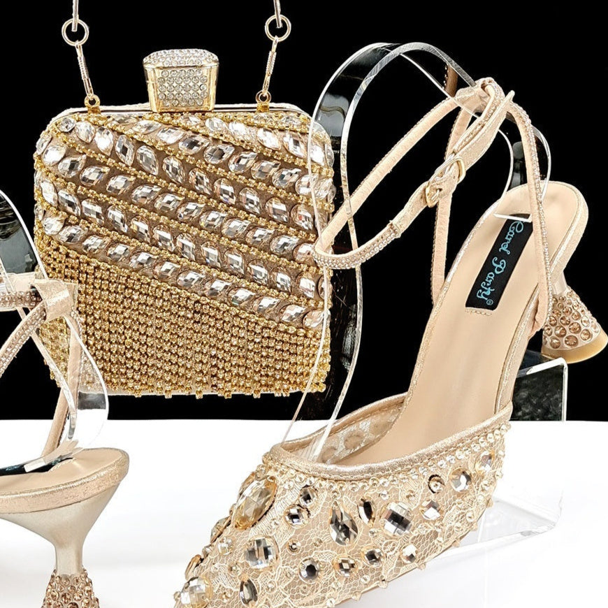 Large Rhinestone High Heel Sandals Three-dimensional Tassel Handbag Set - globaltradeleader