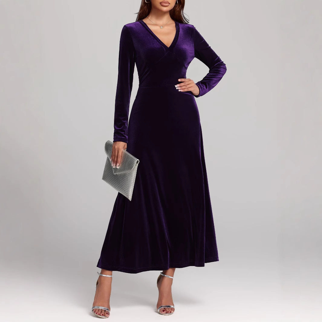 V-neck Long Sleeve Evening Dress Pleuche Dress - globaltradeleader