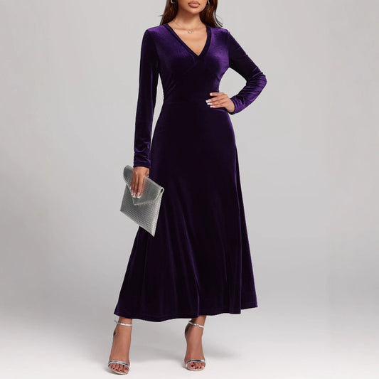 V-neck Long Sleeve Evening Dress Pleuche Dress - globaltradeleader