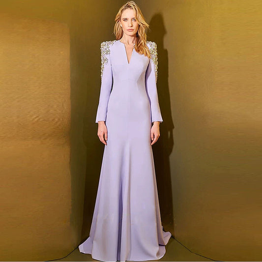 Heavy Industry Beads Diamond Front Slit Small Trailing Dress - globaltradeleader