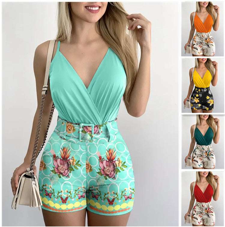 V-neck Halter Vest Printed Shorts Suit With Belt - globaltradeleader