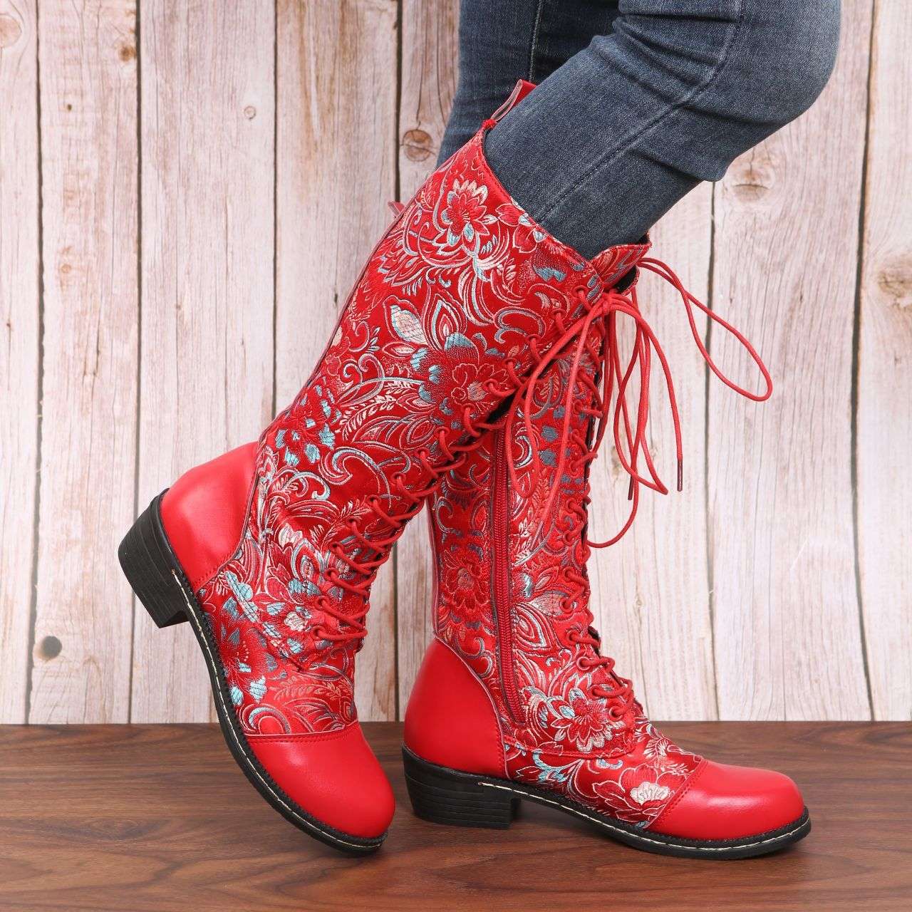 Flowers Print Long Boots WInter Retro Ethnic Style Shoes Lace-up Heeled Boots Women - globaltradeleader