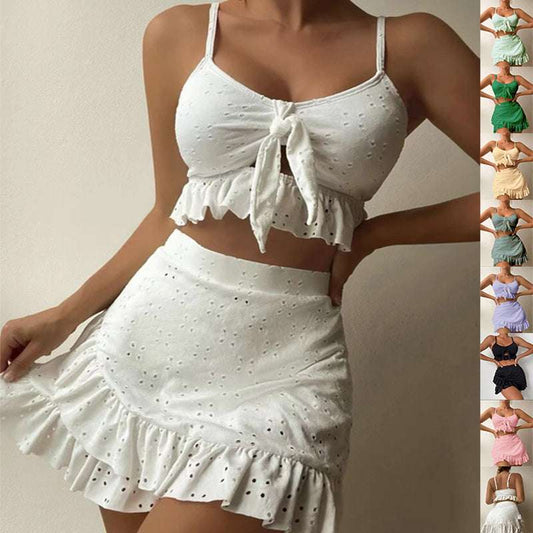 3pcs Beach Bikini With Hip-hugging Skirt Fashion Ruffle Design Swimsuit Set Summer Womens Clothing - globaltradeleader