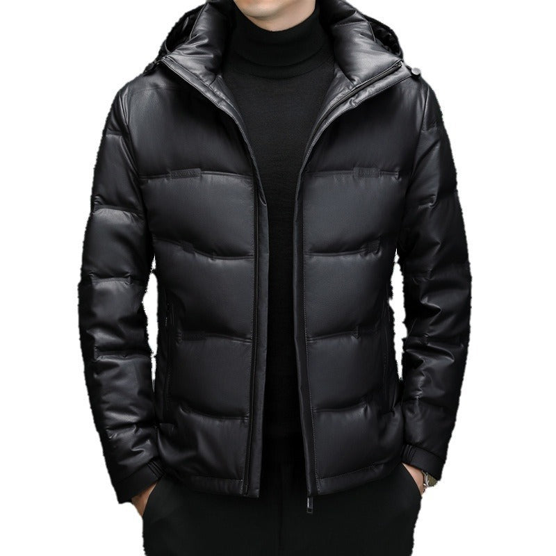 Men's Casual Solid Color White Duck Down Warm Hooder Leather Coat - globaltradeleader