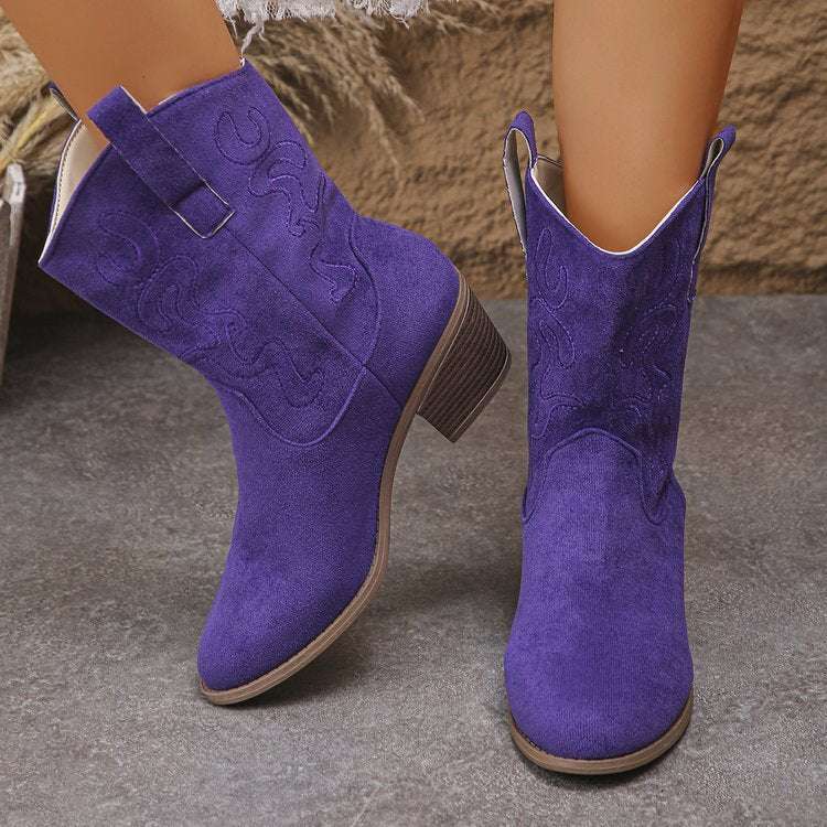Plus Size Square Heel Round Head V Cut Women's Mid Boots - globaltradeleader