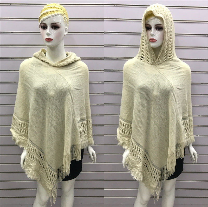 Solid Color Hollow Tassel Plus Size Cape And Shawl