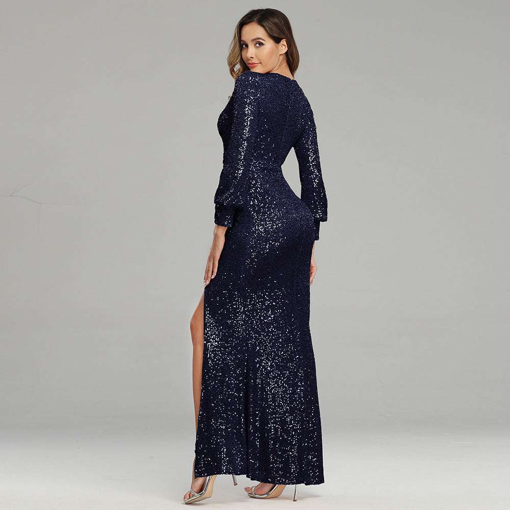 Fantasy Celebrity Sexy High Slit Long Sleeve Sequined Banquet Evening Dress Women - globaltradeleader