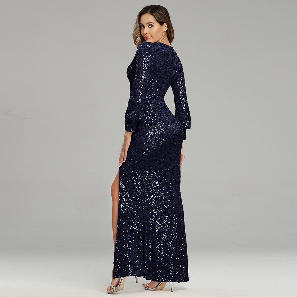 Fantasy Celebrity Sexy High Slit Long Sleeve Sequined Banquet Evening Dress Women - globaltradeleader