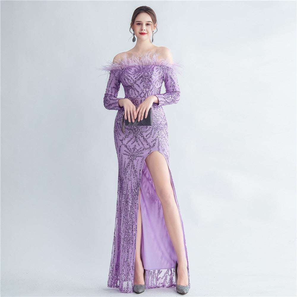 High-density Ostrich Feather Sequins Off-shoulder Long Sleeve Fishtail High-end Evening Dress - globaltradeleader