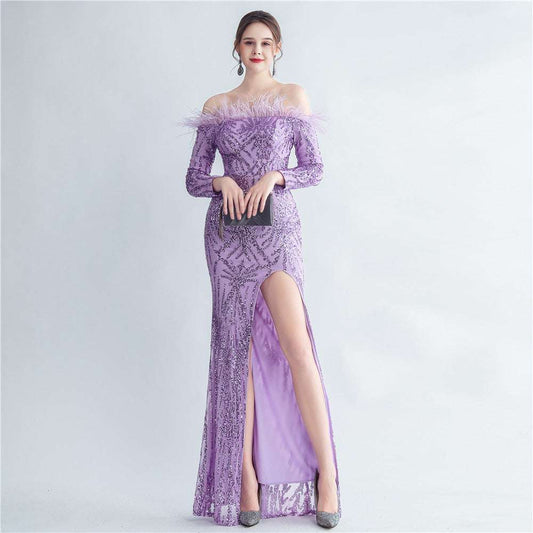 High-density Ostrich Feather Sequins Off-shoulder Long Sleeve Fishtail High-end Evening Dress - globaltradeleader