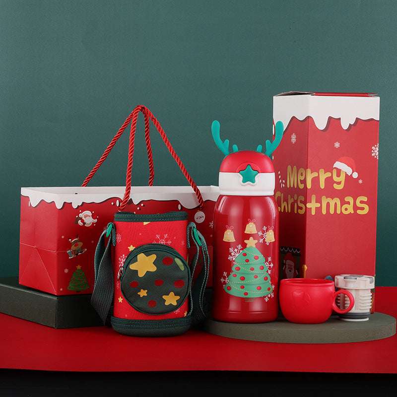 Christmas Gift Vacuum Flask Cartoon Elk Children With Cup Sleeve Bouncing Stainless Steel Double-layer Vacuum Flask