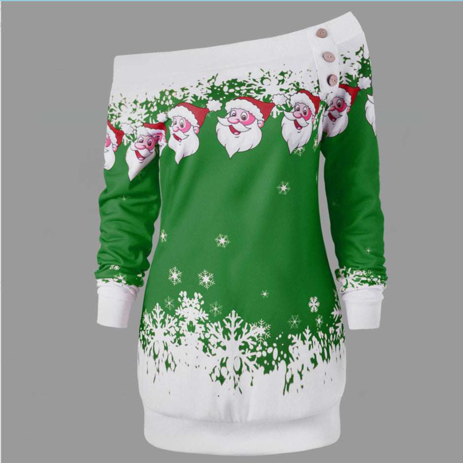 Christmas Women'S Positioning Printing One-Shoulder Long-Sleeved T-Shirt Sweater