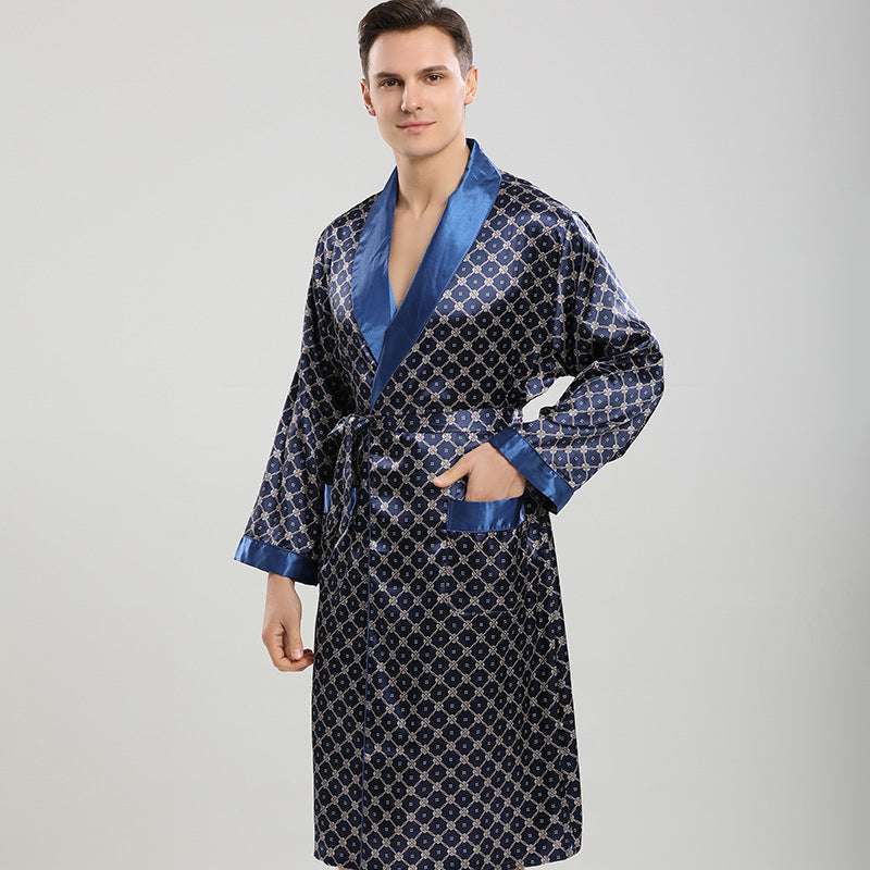 Men's Spring Summer Long Sleeve Silk Nightgown Two Piece Set