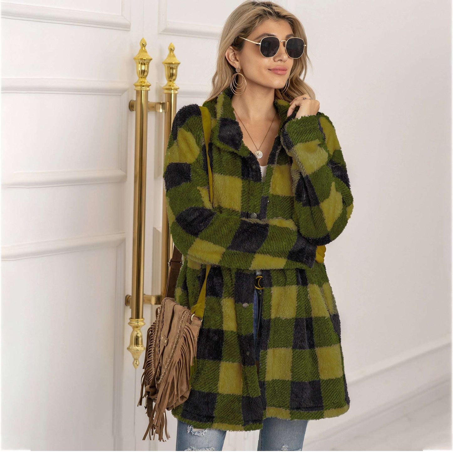 Colorblock Plaid Fleece Jacket Fashion Single Breasted Long Jacket Women's Clothing - globaltradeleader