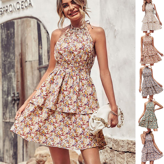 Summer Printed Halter Dress Fashion Backless Ruffled A-Line Beach Dresses For Womens Clothing - globaltradeleader