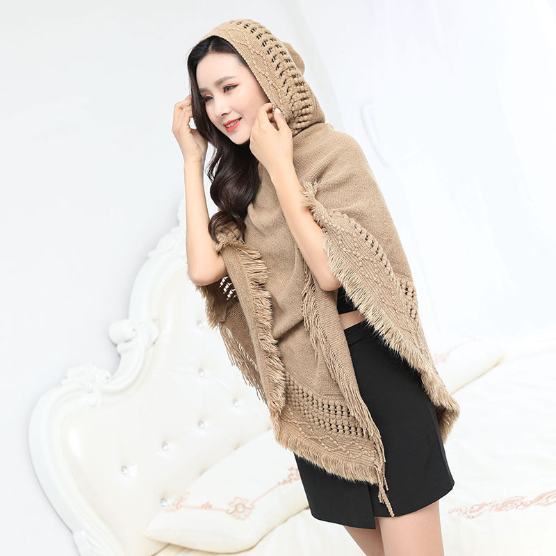 Solid Color Hollow Tassel Plus Size Cape And Shawl