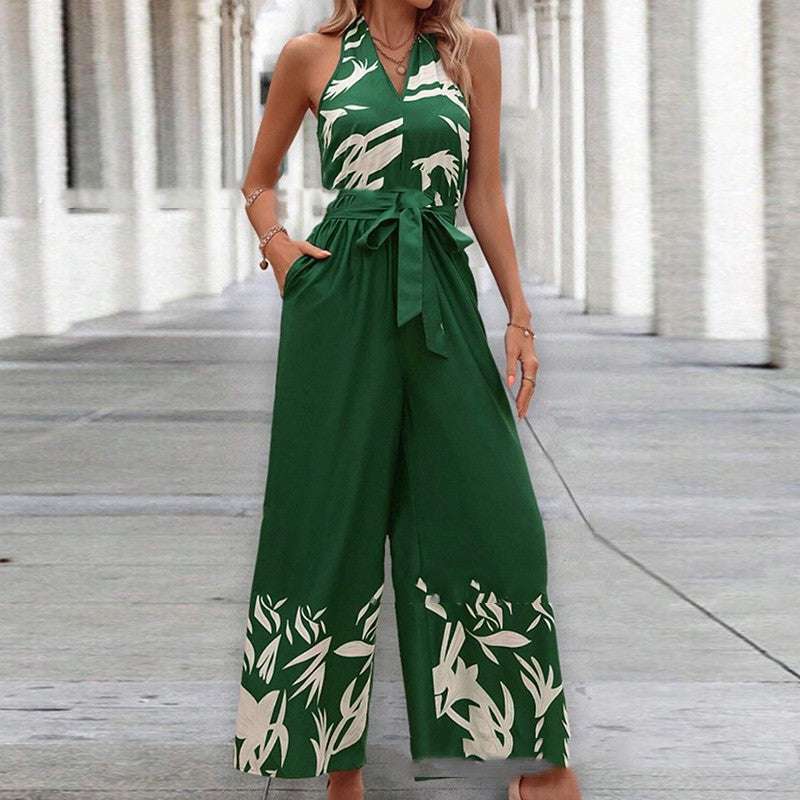 Printing Series Belt Halter Backless Jumpsuit For Women - globaltradeleader