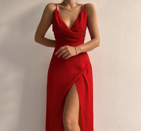 V-neck Slip Dress Low Cut Printed Slit Dress - globaltradeleader