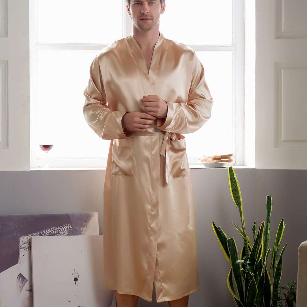 Men's Home Wear Mid-length Cardigan Simulation Silk Nightgown