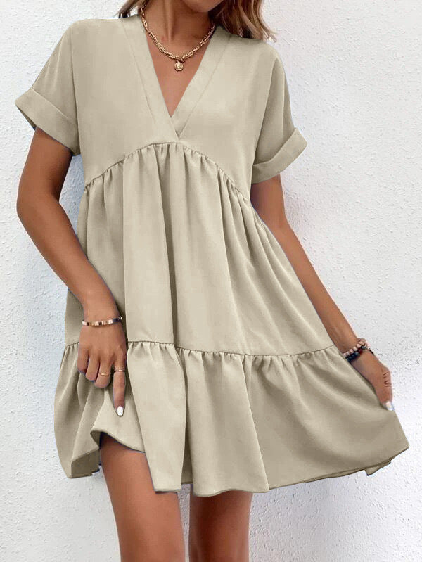 New Short-sleeved V-neck Dress Summer Casual Sweet Ruffled Dresses Solid Color Holiday Beach Dress For Womens Clothing - globaltradeleader