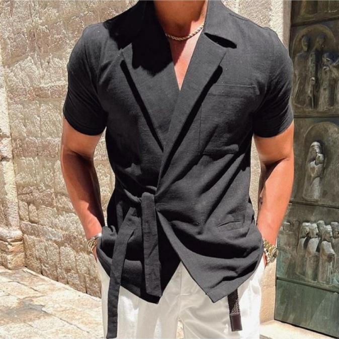 Summer Men's Solid Color Cotton And Linen Suit Lapel Tied Short Sleeve Shirt - globaltradeleader